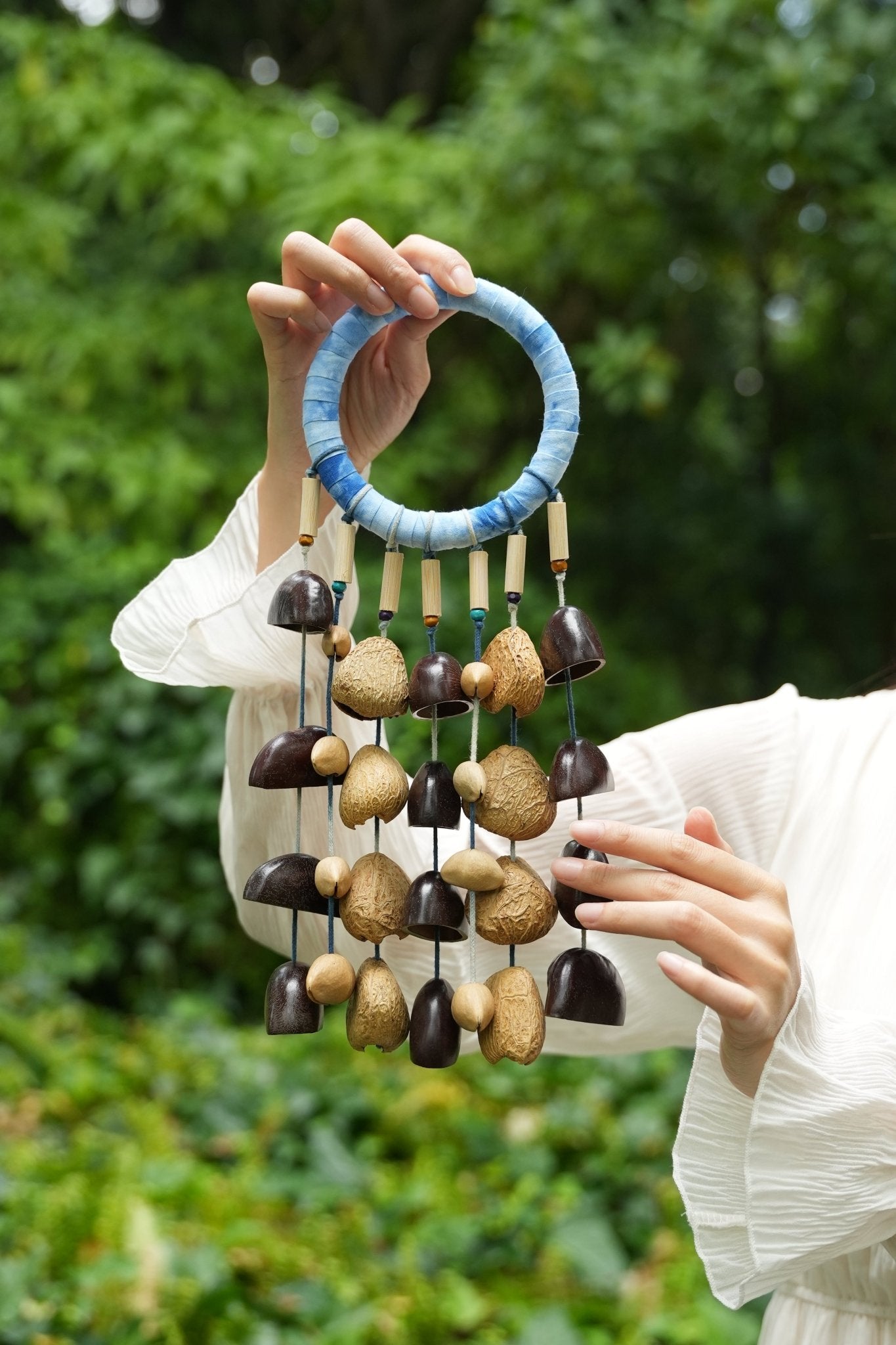 "The Indigo Rain" - Shibori Wrapped Ring & Cascading Shell Wind Chime - Yunicrafts