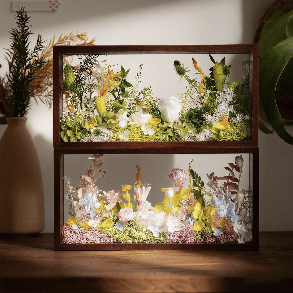 "The Landscape Garden" - Real Preserved Flower Shadow Box (Panoramic Desk Decor) - Yunicrafts