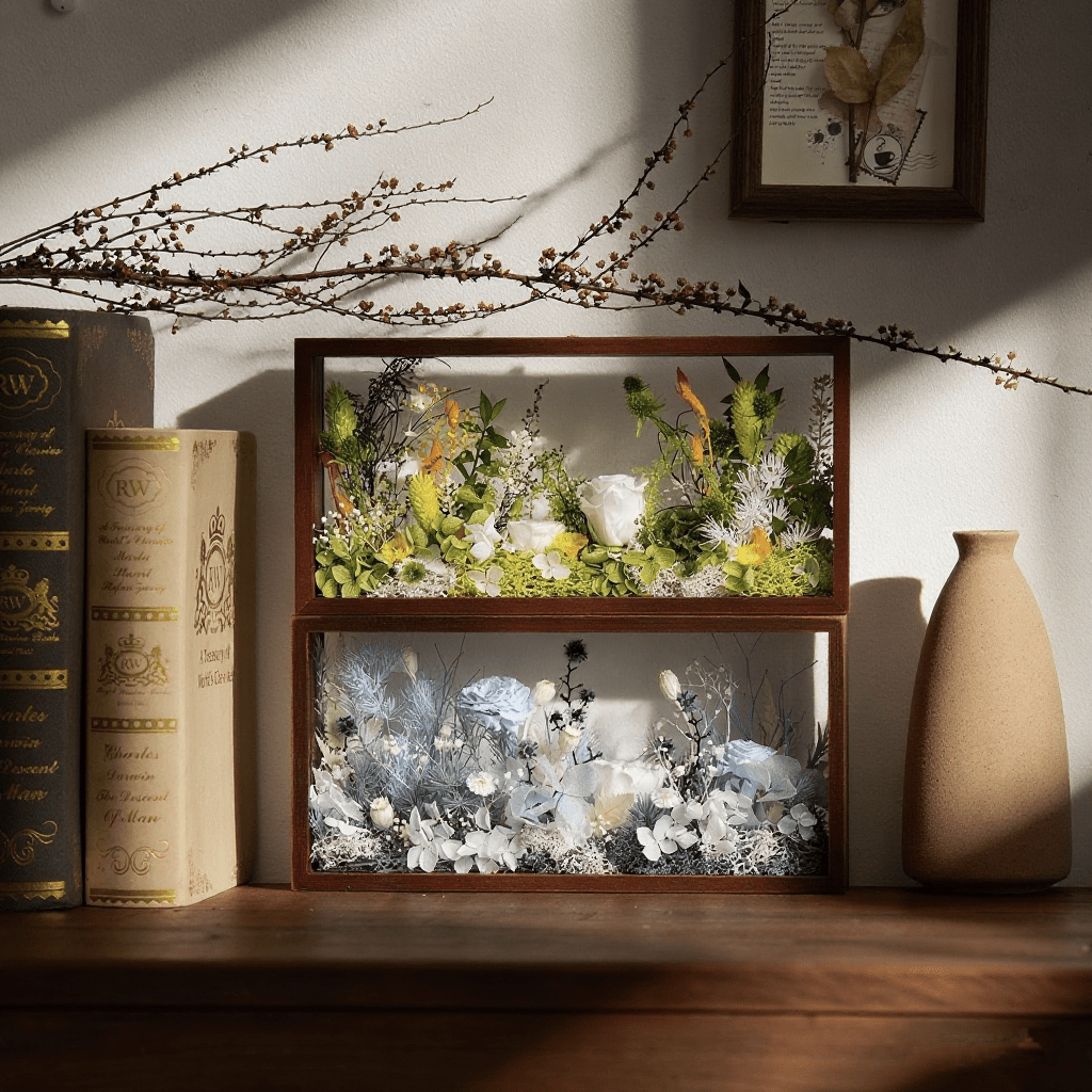 "The Landscape Garden" - Real Preserved Flower Shadow Box (Panoramic Desk Decor) - Yunicrafts
