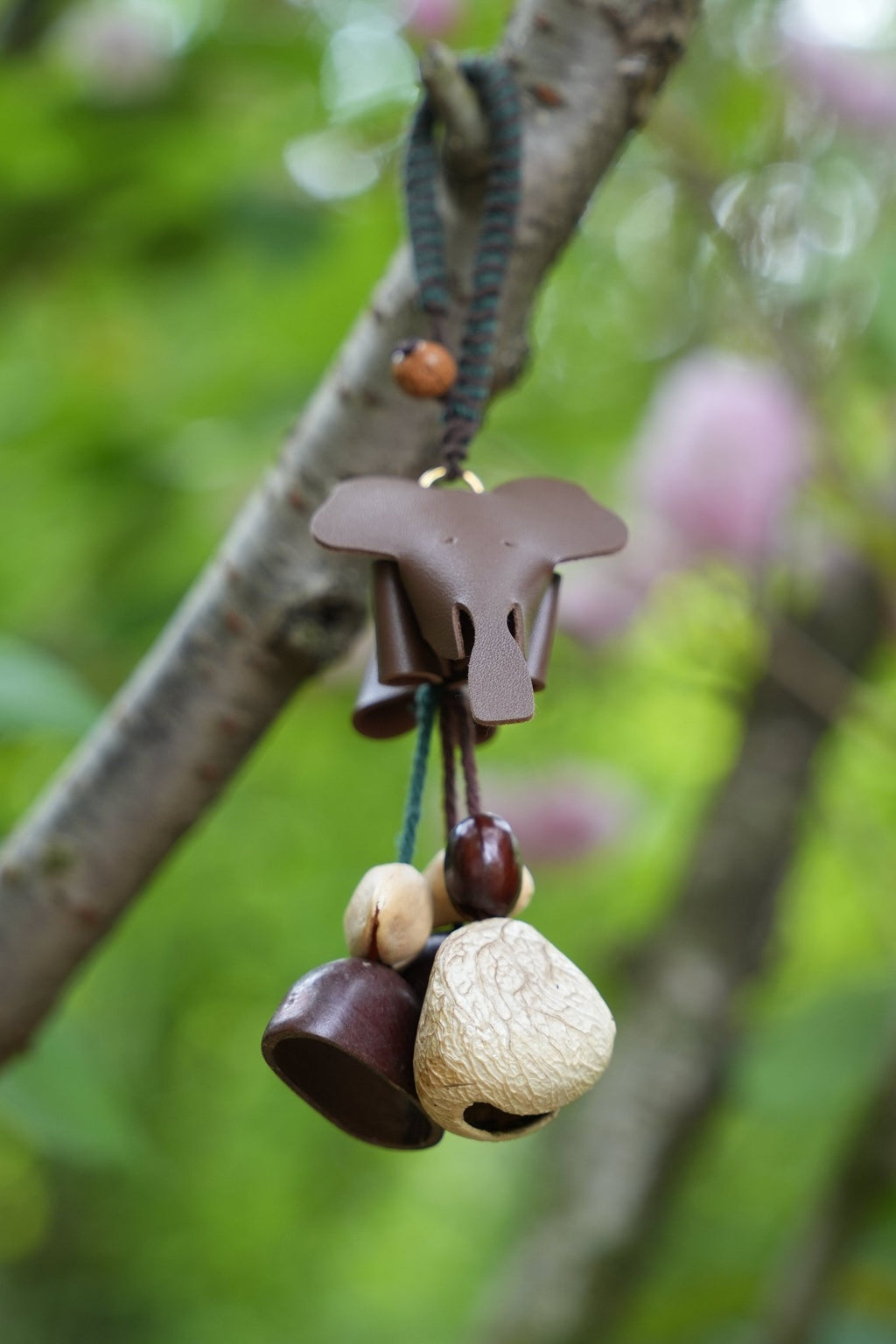 "The Leather Elephant Guardian" - Handcrafted Leather Bag Charm with Natural Seed Bells - Yunicrafts