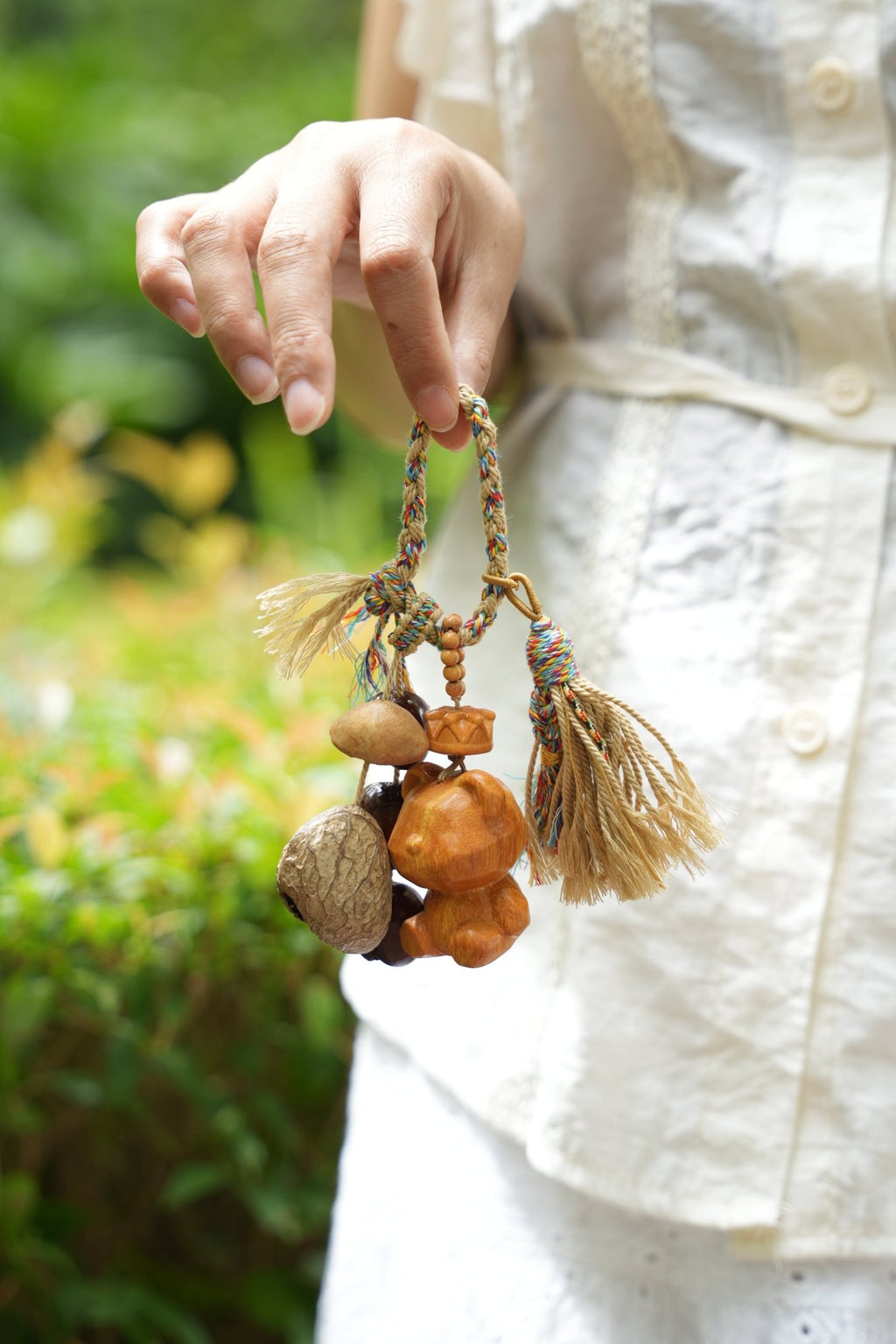 "The Little Bear Guardian" - Hand - Carved Wood Bag Charm with Natural Nut & Tassel - Yunicrafts