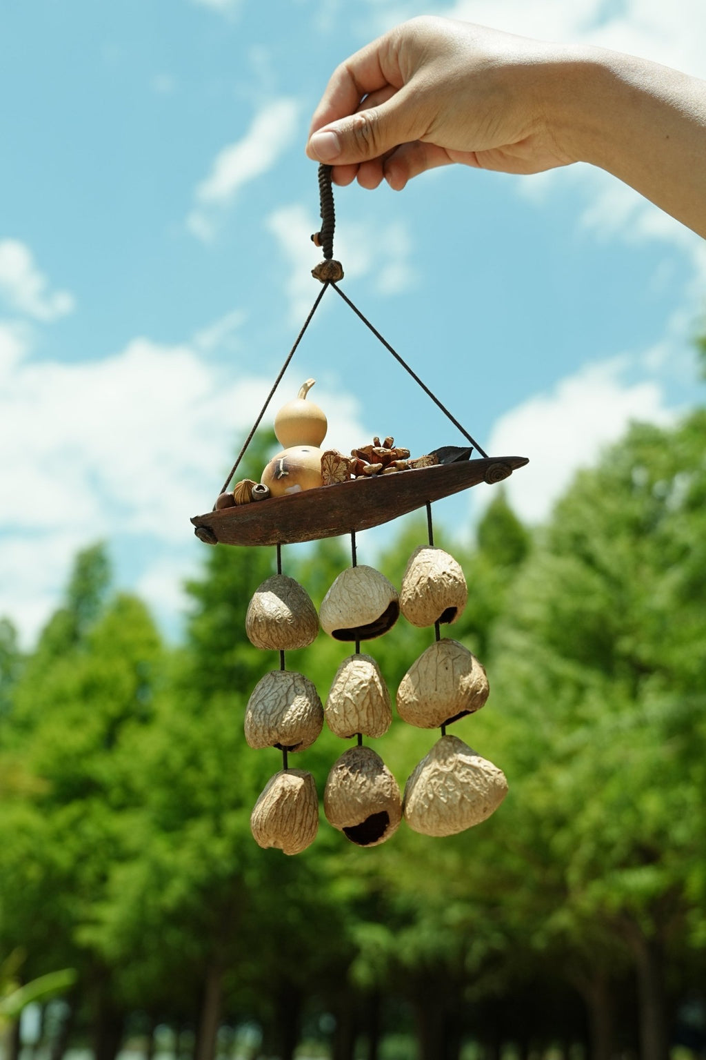 "The Lucky Gourd Ark" - Hanging Wind Chime with Painted Gourd & Seed Bells - Yunicrafts