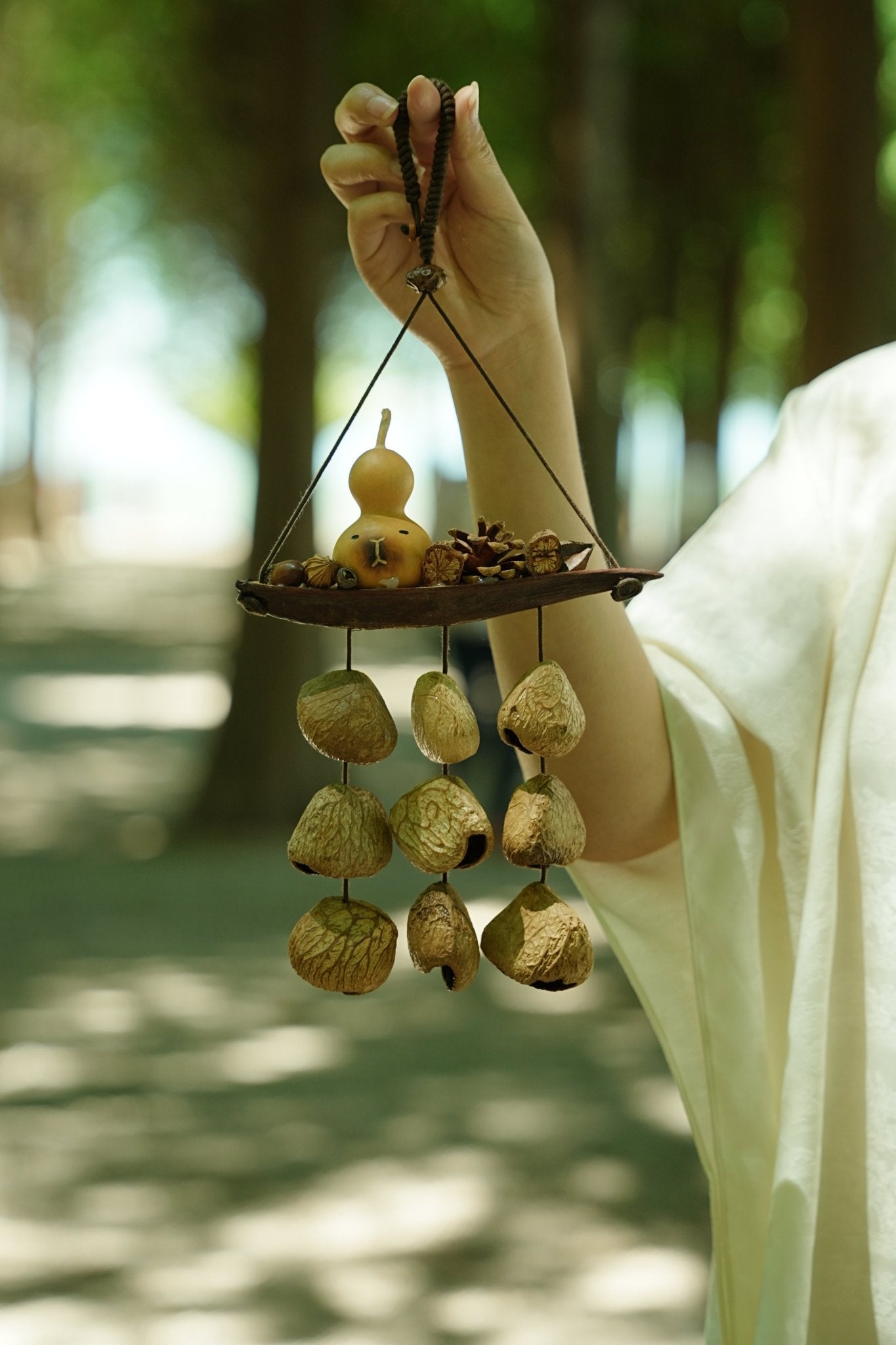 "The Lucky Gourd Ark" - Hanging Wind Chime with Painted Gourd & Seed Bells - Yunicrafts
