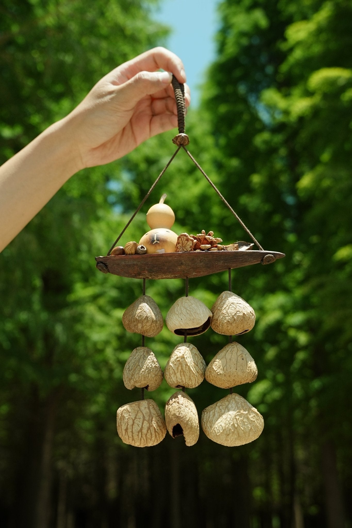 "The Lucky Gourd Ark" - Hanging Wind Chime with Painted Gourd & Seed Bells - Yunicrafts