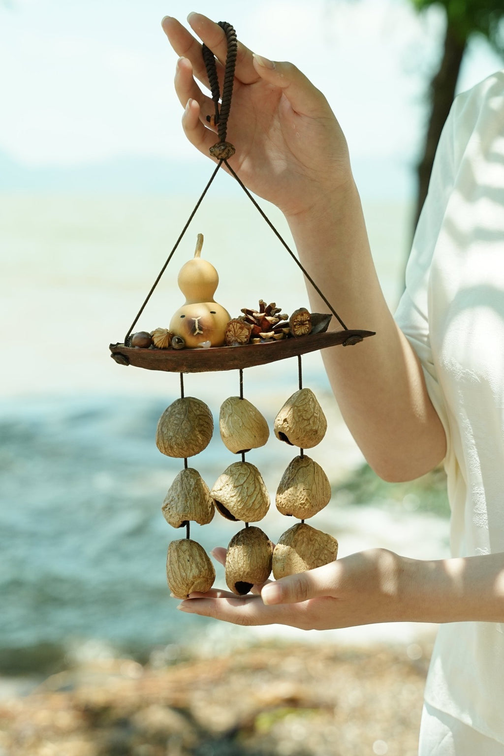"The Lucky Gourd Ark" - Hanging Wind Chime with Painted Gourd & Seed Bells - Yunicrafts