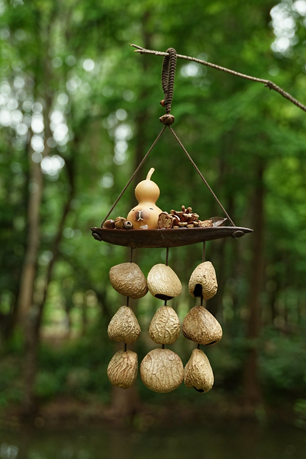 "The Lucky Gourd Ark" - Hanging Wind Chime with Painted Gourd & Seed Bells - Yunicrafts
