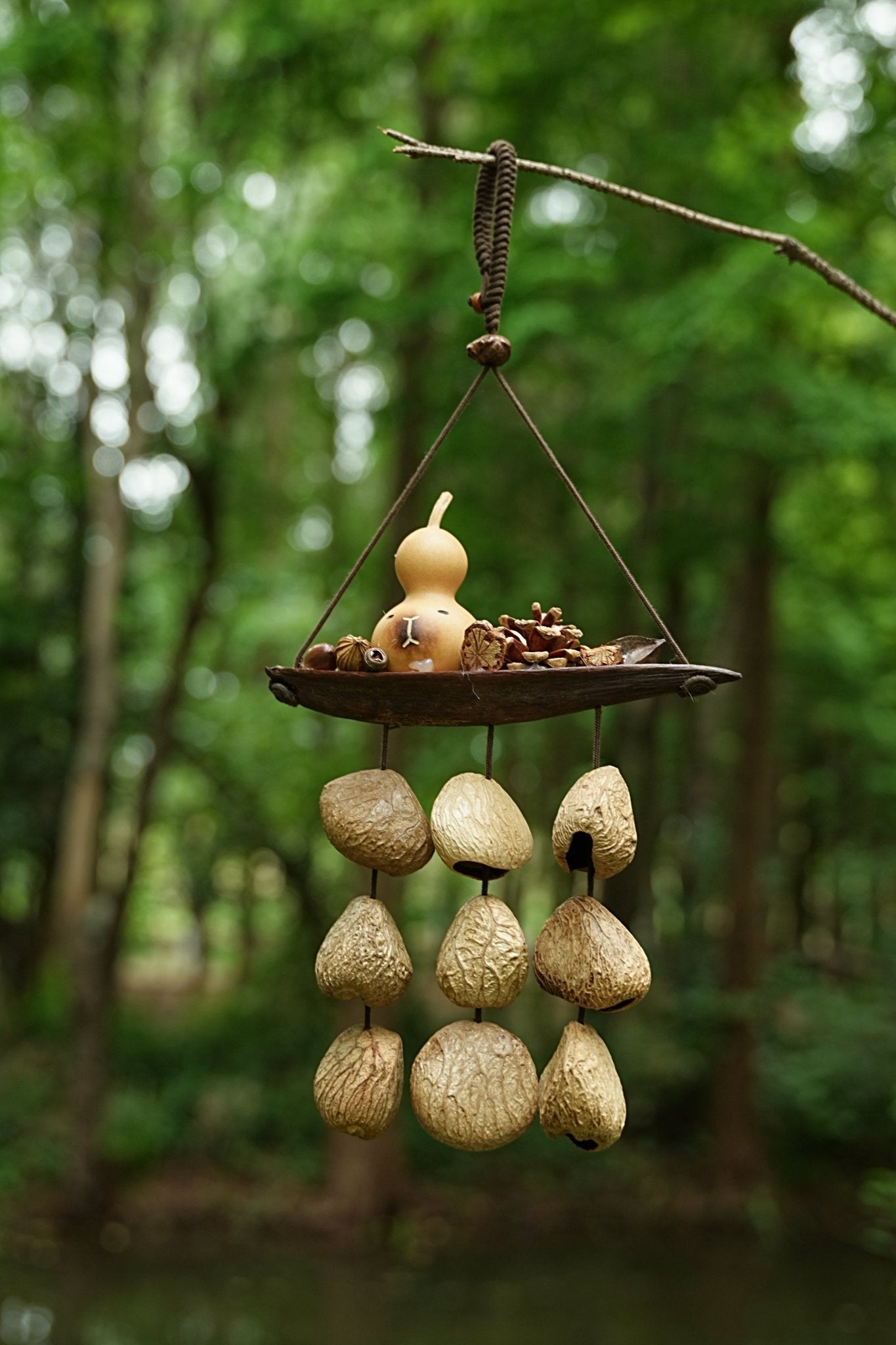 "The Lucky Gourd Ark" - Hanging Wind Chime with Painted Gourd & Seed Bells - Yunicrafts