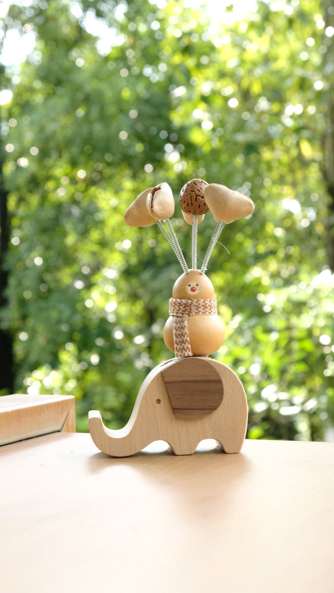 "The Lucky Gourd Rider" - Real Calabash & Wooden Elephant Car Ornament (Phone Stand) - Yunicrafts