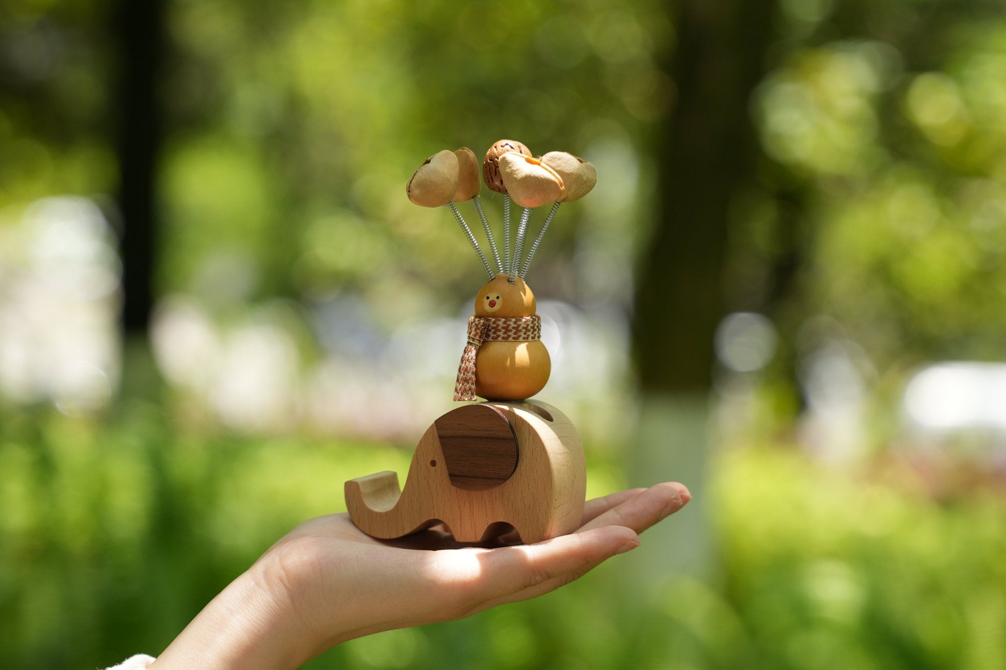 "The Lucky Gourd Rider" - Real Calabash & Wooden Elephant Car Ornament (Phone Stand) - Yunicrafts