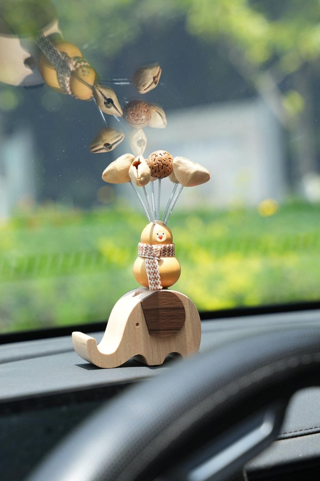 "The Lucky Gourd Rider" - Real Calabash & Wooden Elephant Car Ornament (Phone Stand) - Yunicrafts