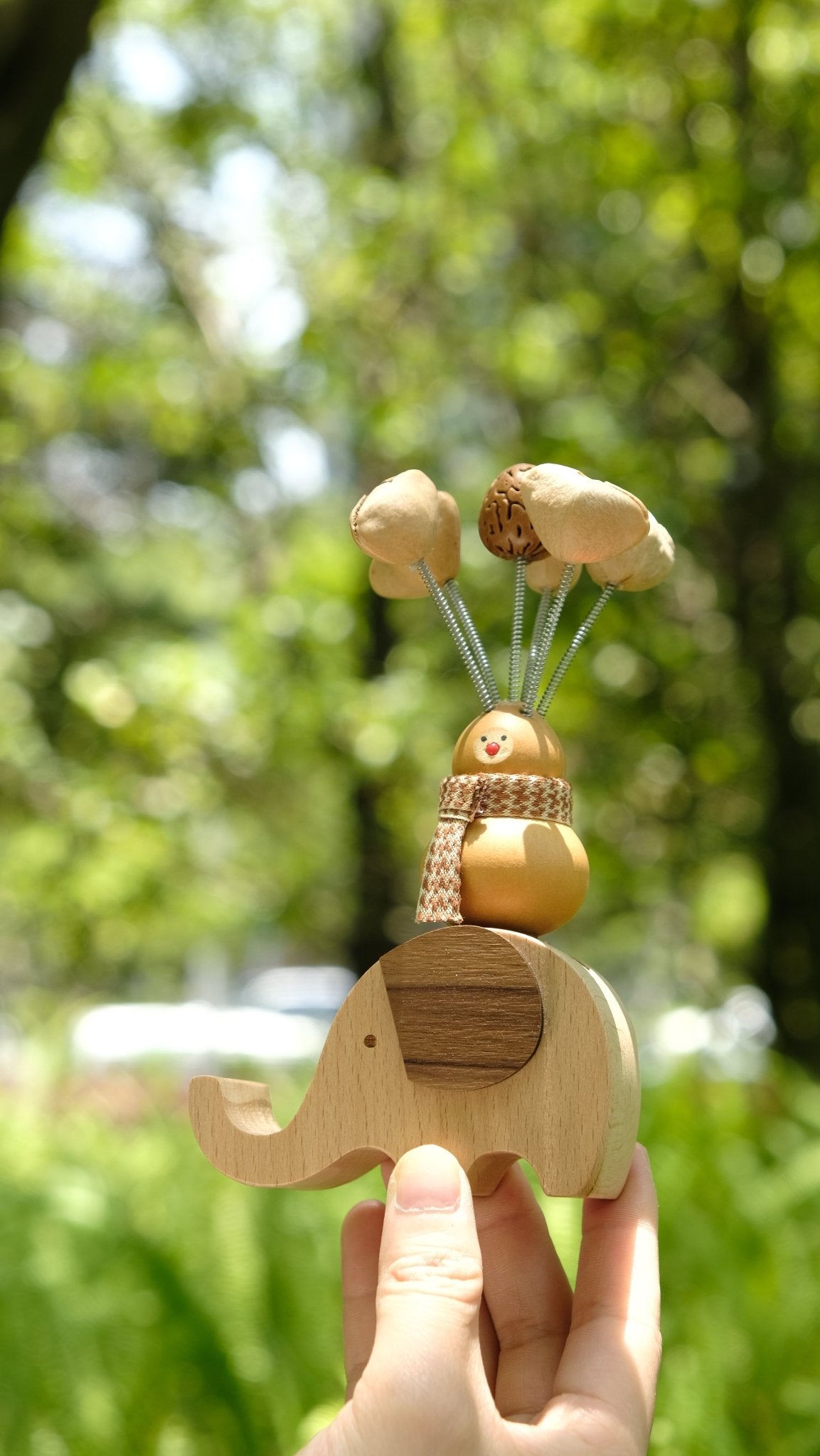 "The Lucky Gourd Rider" - Real Calabash & Wooden Elephant Car Ornament (Phone Stand) - Yunicrafts