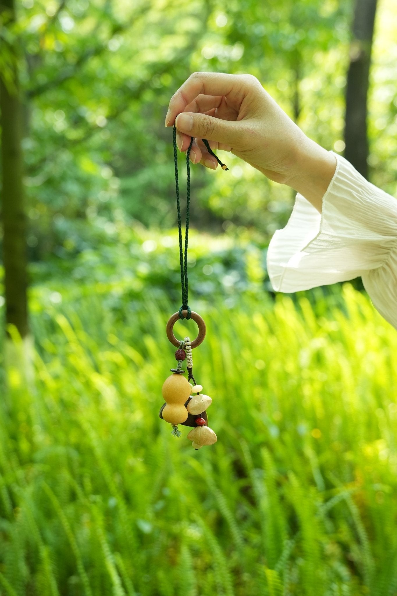 "The Lucky Gourd Sprite" - Hand - Painted Wooden Calabash & Seed Bag Charm - Yunicrafts