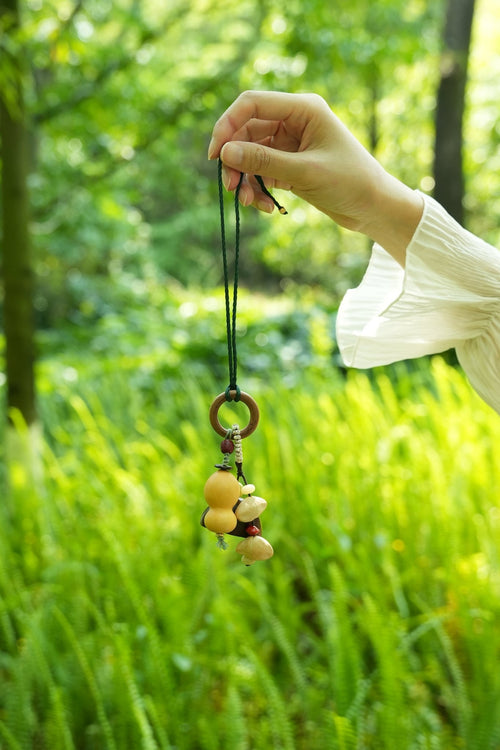 "The Lucky Gourd Sprite" - Hand - Painted Wooden Calabash & Seed Bag Charm - Yunicrafts