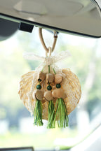 "The Meadow Breeze" - Woven Straw Fan Ornament with Lace & Green Tassels - Yunicrafts