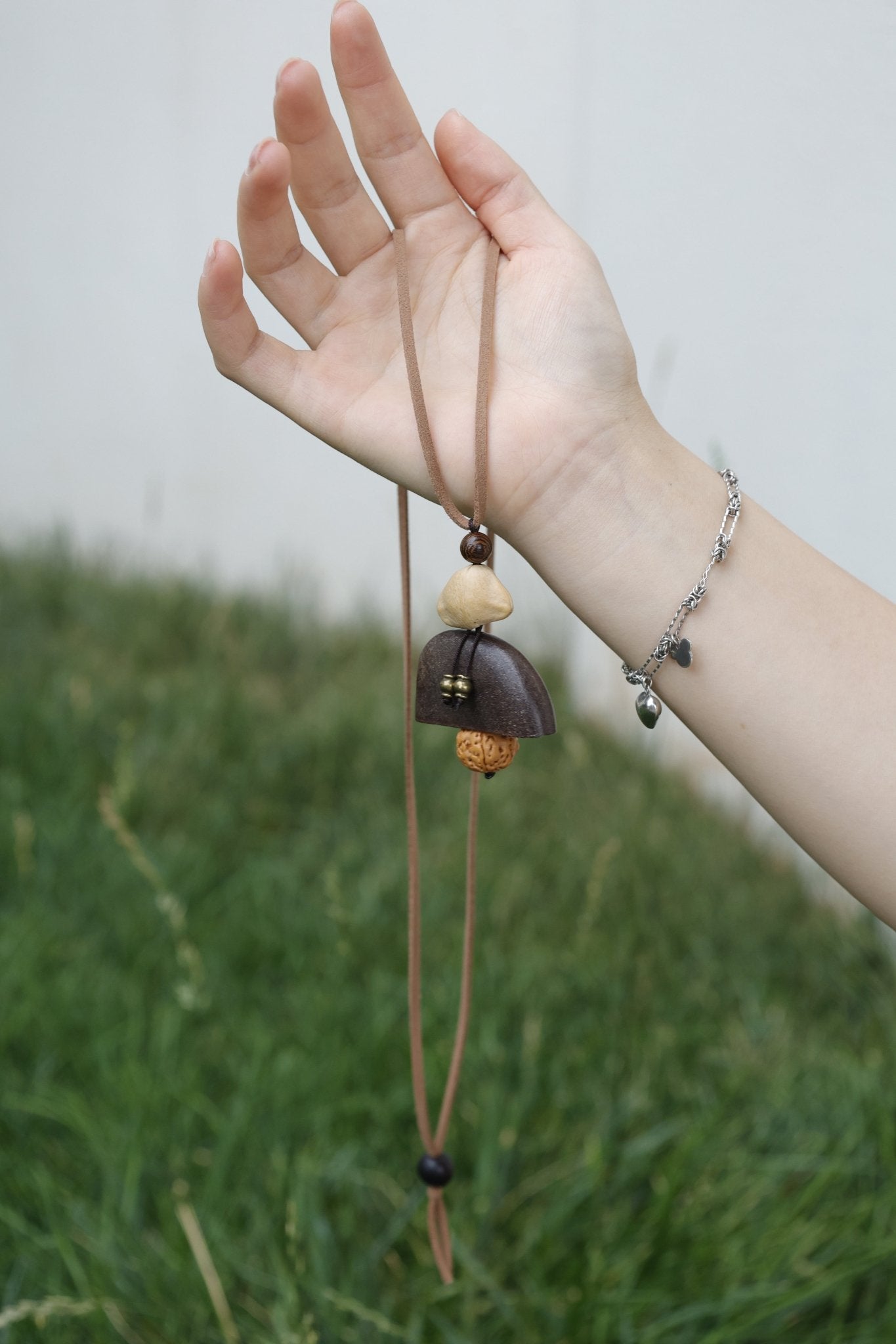 "The Meditation Bell" - Geometric Seed Pod & Rudraksha Necklace on Tan Suede - Yunicrafts