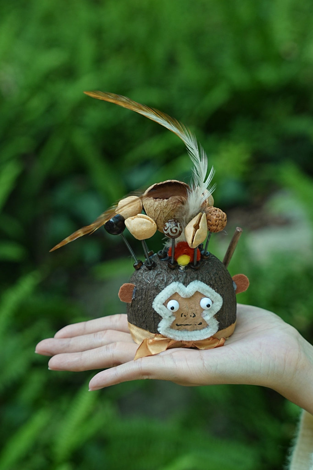 "The Monkey King Guardian" - Nut Shell Monkey Doll with Feathers & Staff - Yunicrafts