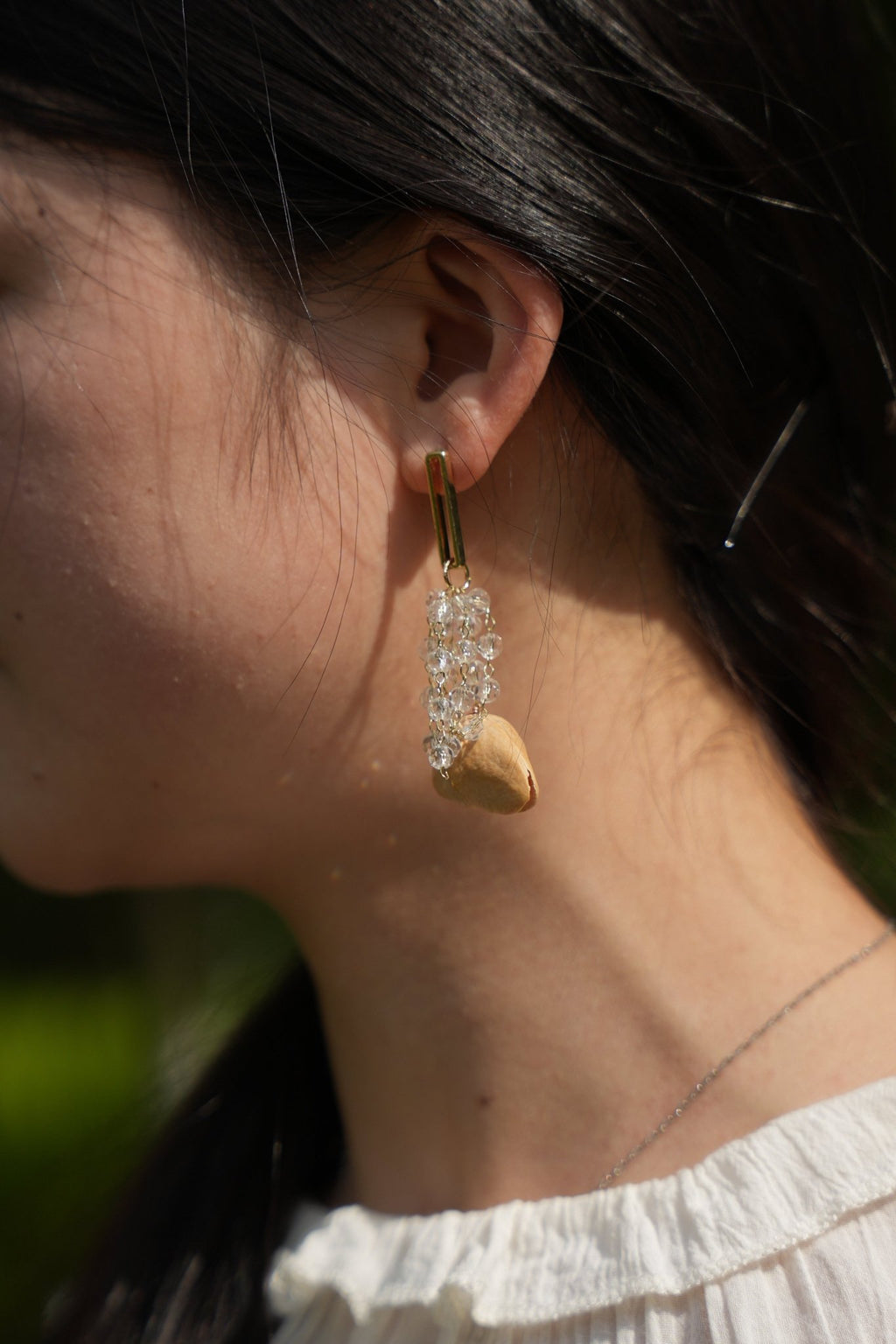 "The Morning Dew" - Natural Seed & Shimmering Crystal Drop Earrings - Yunicrafts