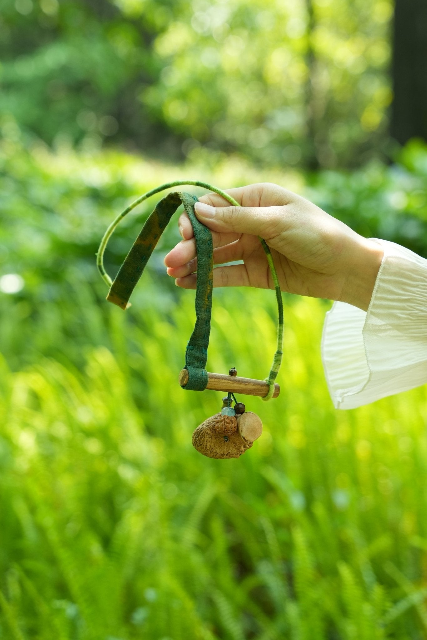 "The Mossy Branch" - Green Fabric Strap Necklace with Wood Bar & Seed Pod - Yunicrafts