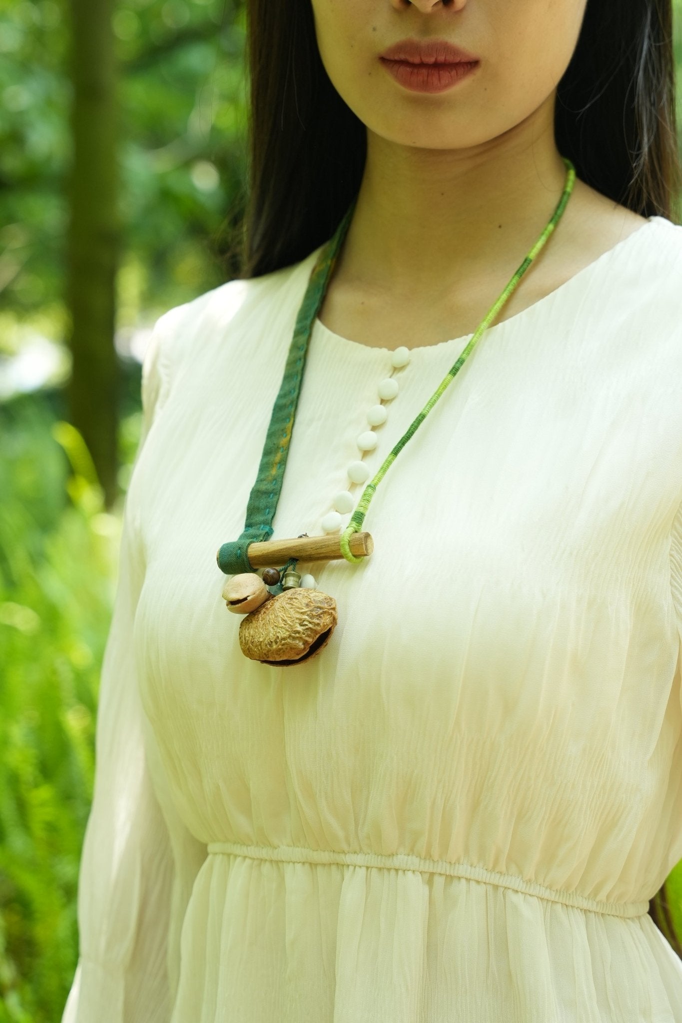 "The Mossy Branch" - Green Fabric Strap Necklace with Wood Bar & Seed Pod - Yunicrafts