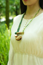 "The Mossy Branch" - Green Fabric Strap Necklace with Wood Bar & Seed Pod - Yunicrafts