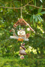 "The Owl's Forest Home" - Natural Wreath Wind Chime with Pinecone Owl & Floral Accents - Yunicrafts