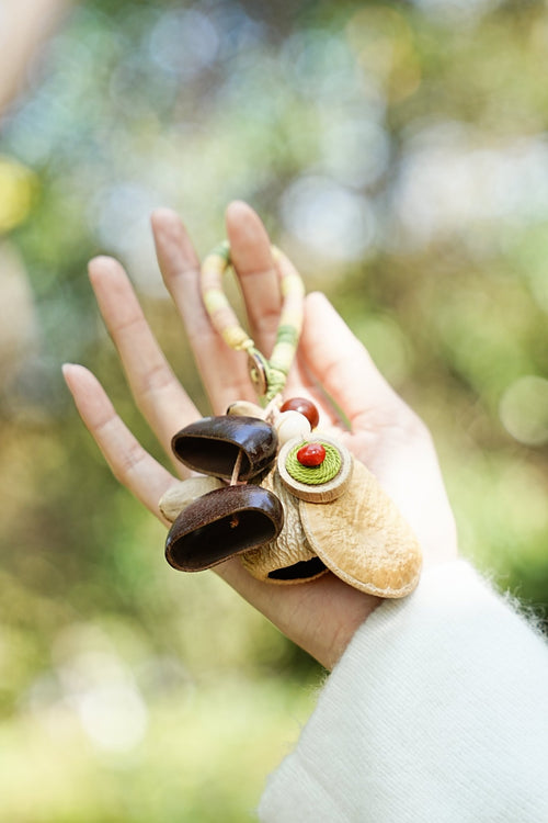"The Pastel Picnic" - Hand - Wrapped Yarn Charm with Olive Detail & Seed Pods - Yunicrafts