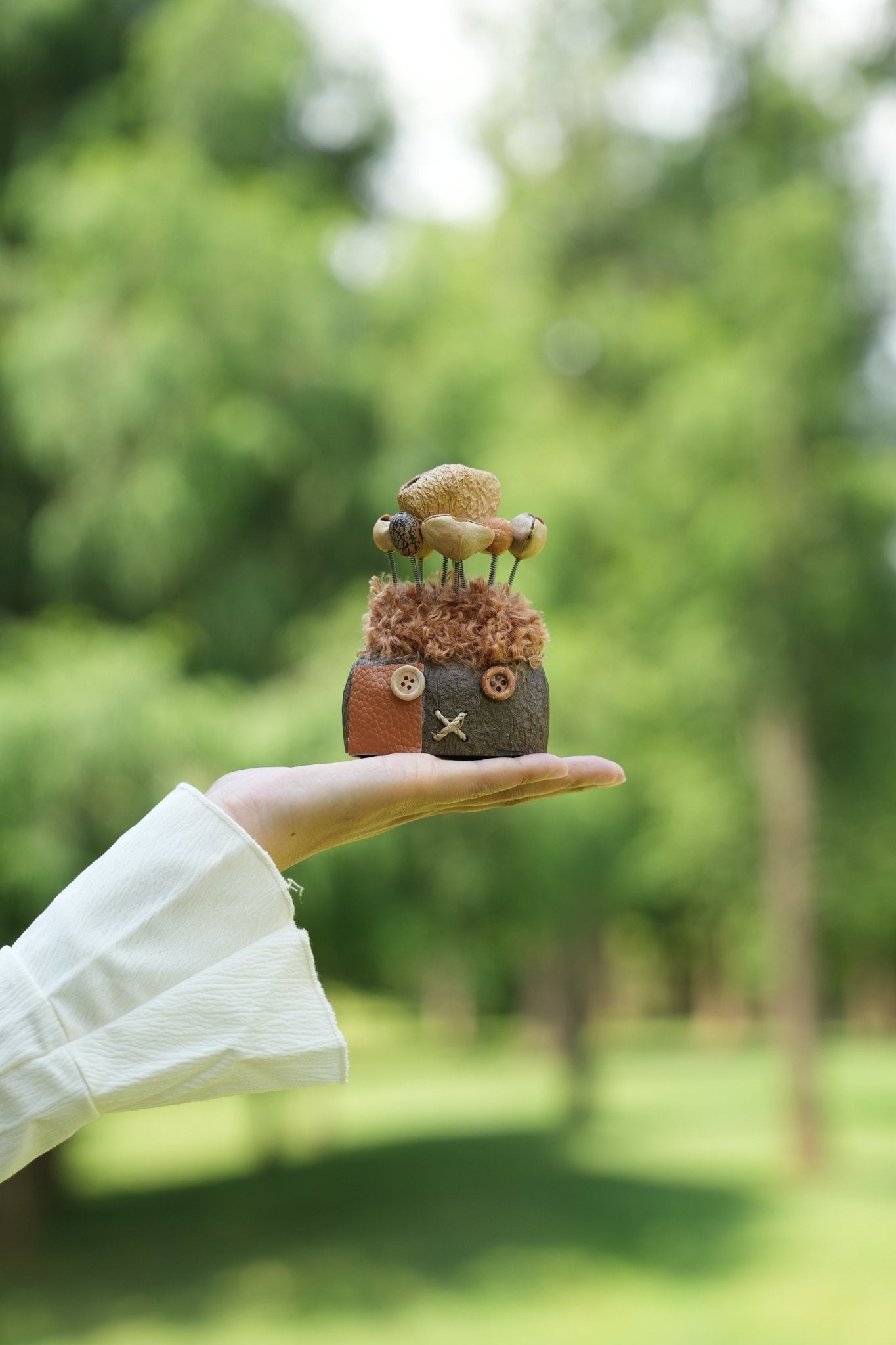 "The Patchwork Scarecrow" - Button - Eyed Nut Shell Doll with Leather Patch - Yunicrafts