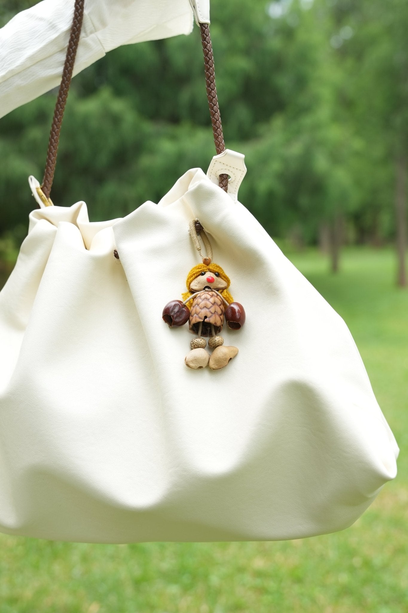 "The Pinecone Pixie" - Handcrafted Nut Shell Doll Bag Charm with Yarn Hair - Yunicrafts