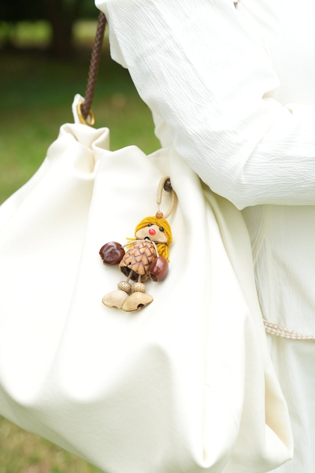 "The Pinecone Pixie" - Handcrafted Nut Shell Doll Bag Charm with Yarn Hair - Yunicrafts