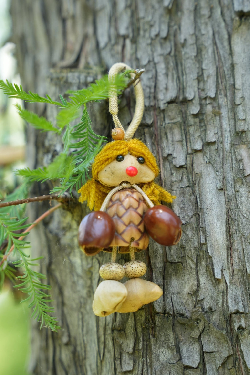 "The Pinecone Pixie" - Handcrafted Nut Shell Doll Bag Charm with Yarn Hair - Yunicrafts