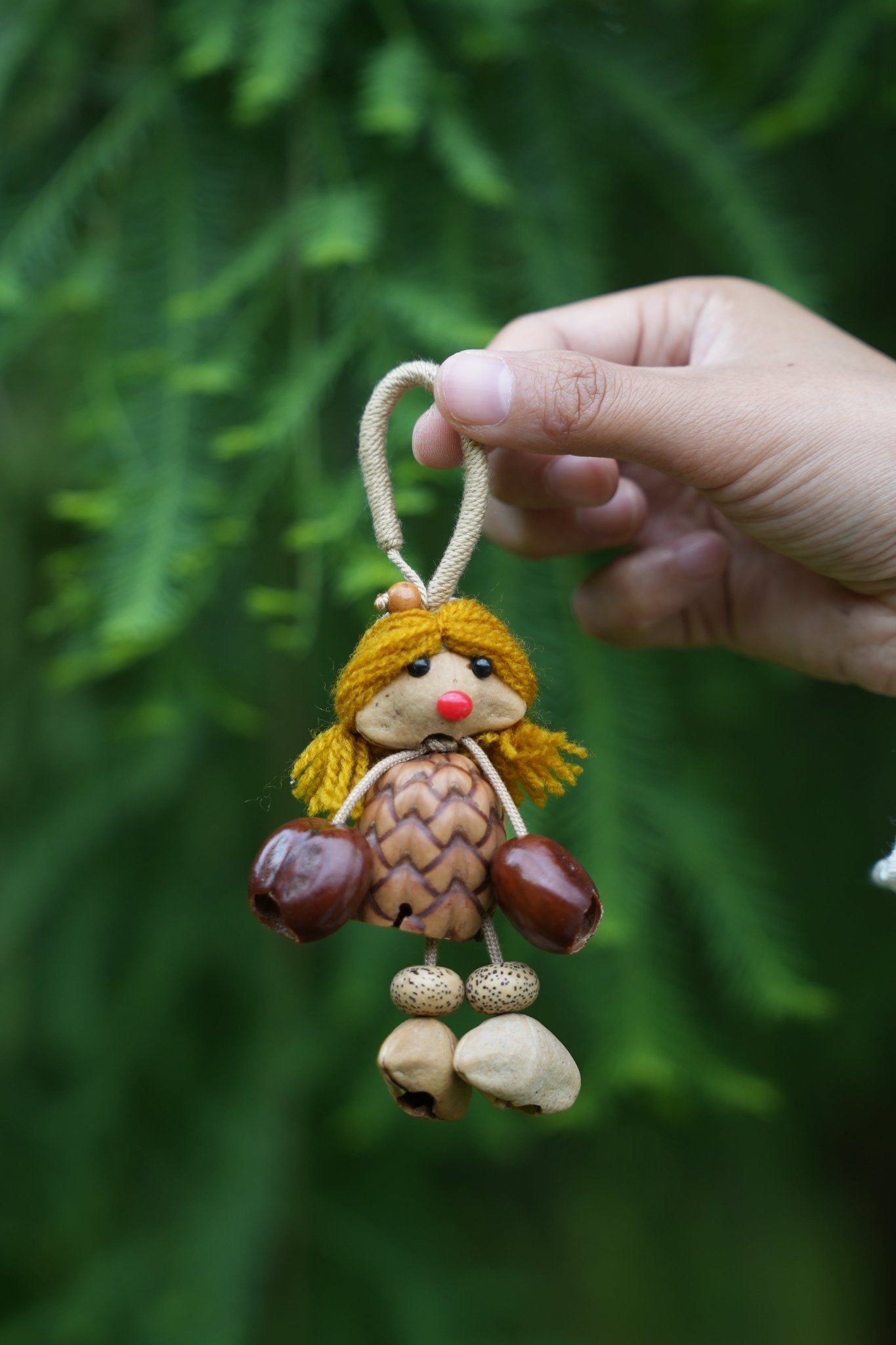 "The Pinecone Pixie" - Handcrafted Nut Shell Doll Bag Charm with Yarn Hair - Yunicrafts