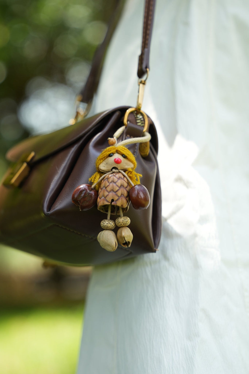 "The Pinecone Pixie" - Handcrafted Nut Shell Doll Bag Charm with Yarn Hair - Yunicrafts