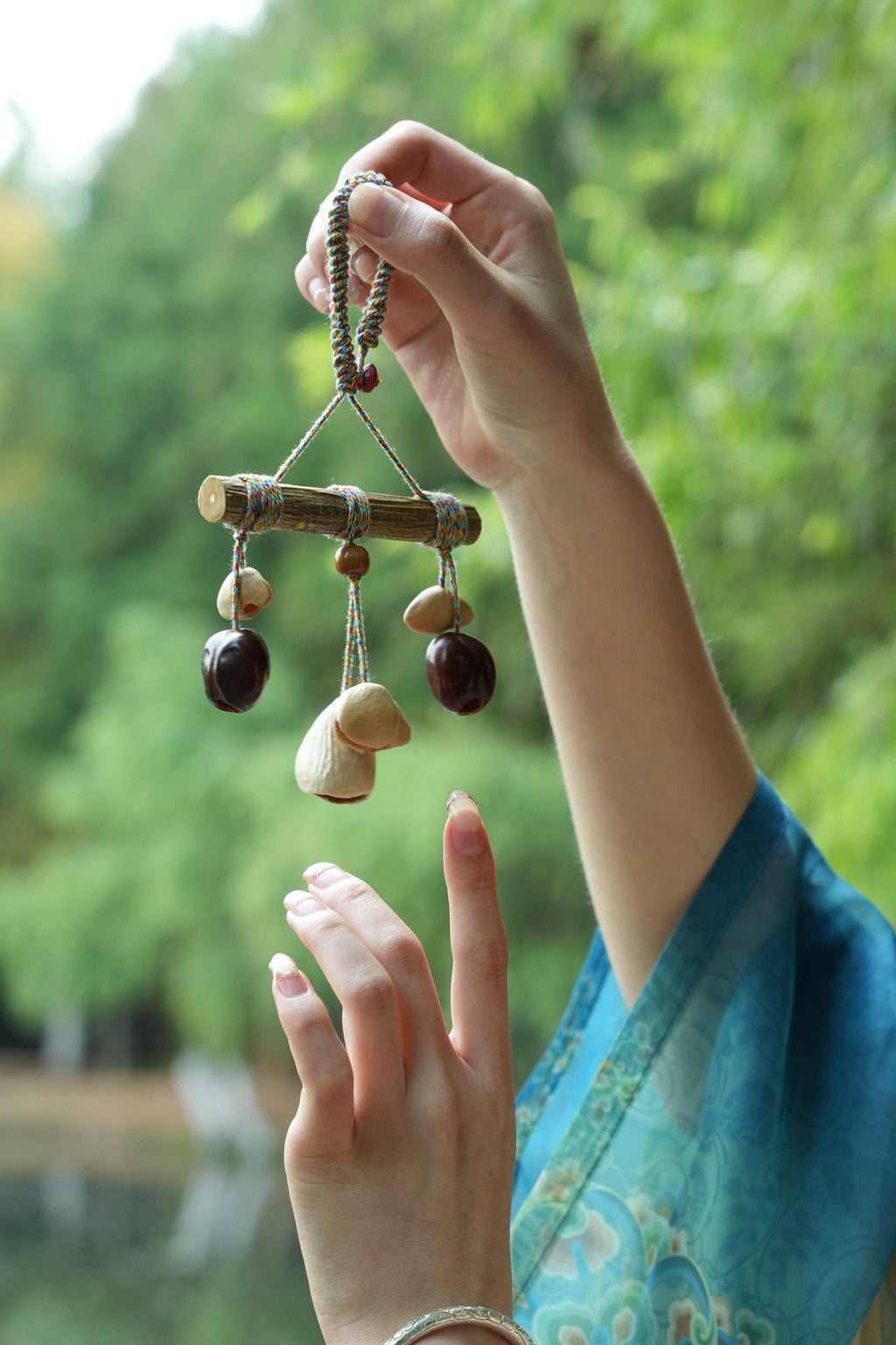 "The Rainbow Branch" - Natural Wood Mobile Charm with Colorful Thread & Seed Bells - Yunicrafts
