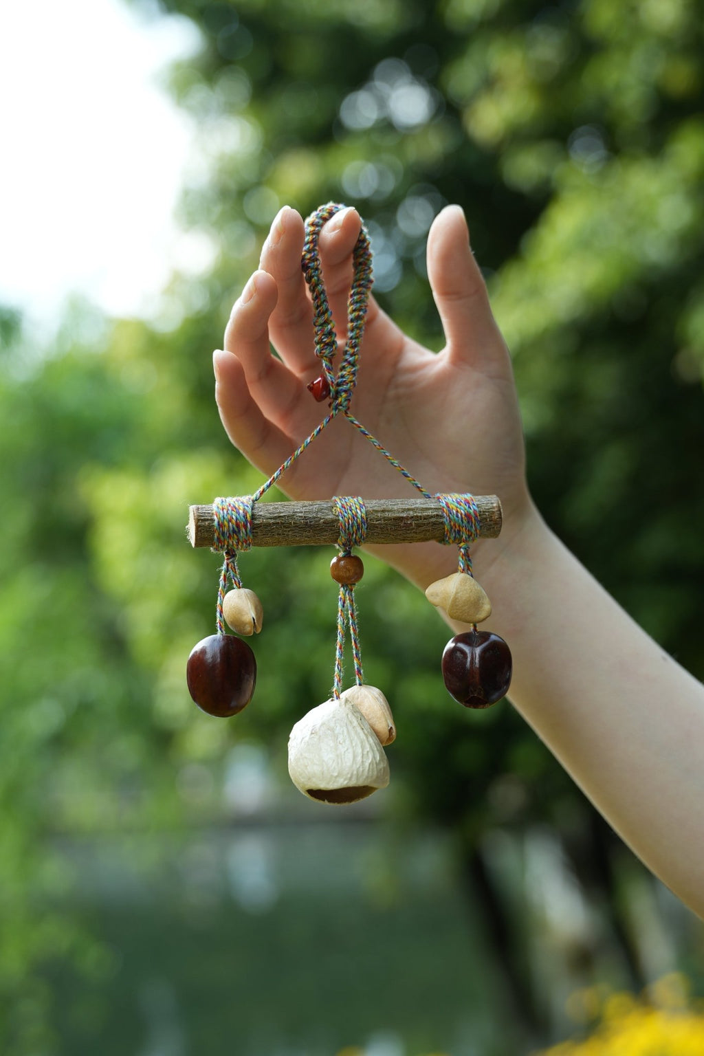 "The Rainbow Branch" - Natural Wood Mobile Charm with Colorful Thread & Seed Bells - Yunicrafts