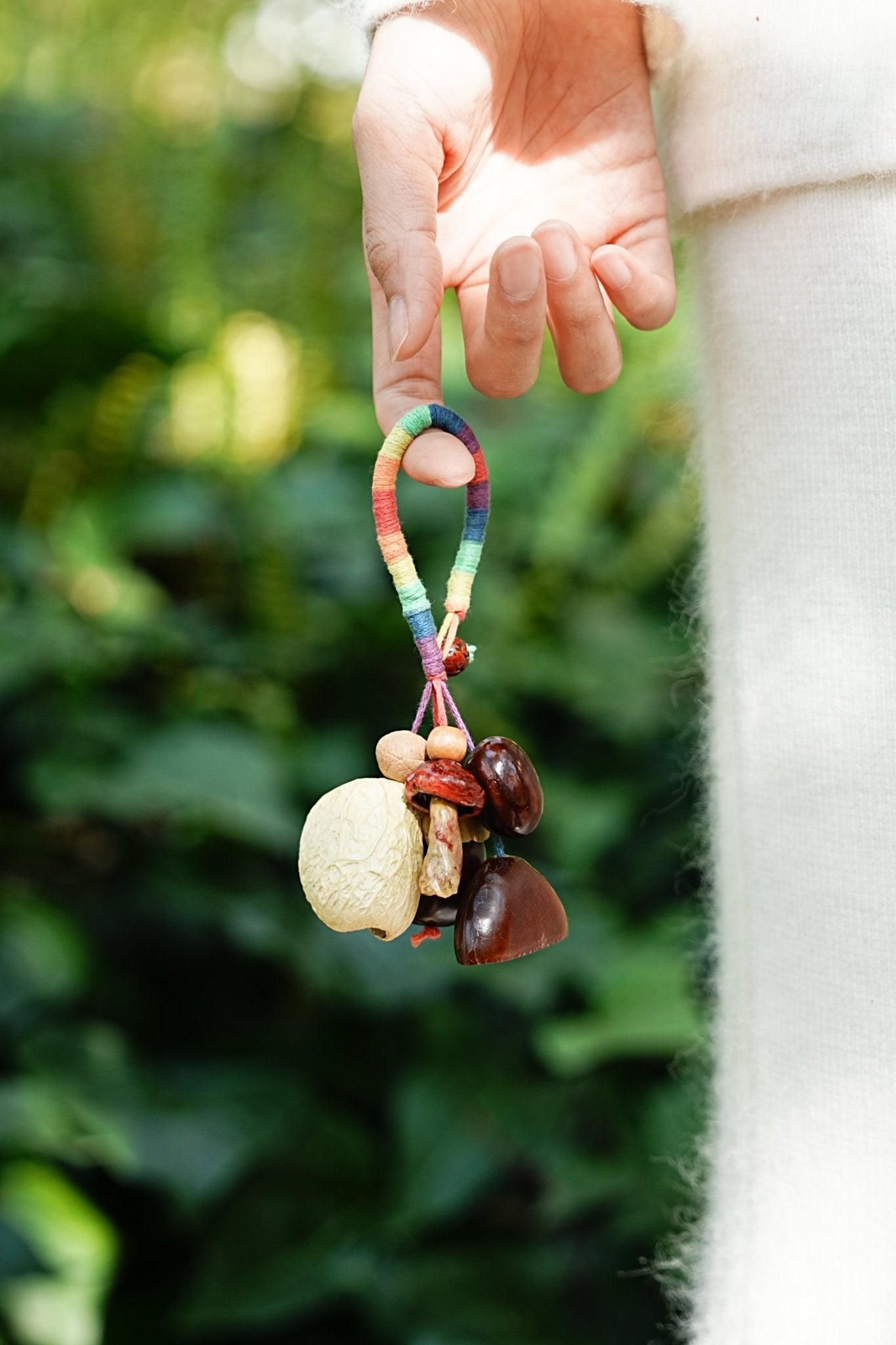 "The Rainbow Forager" - Rainbow Yarn Loop Charm with Natural Mushroom & Seeds - Yunicrafts