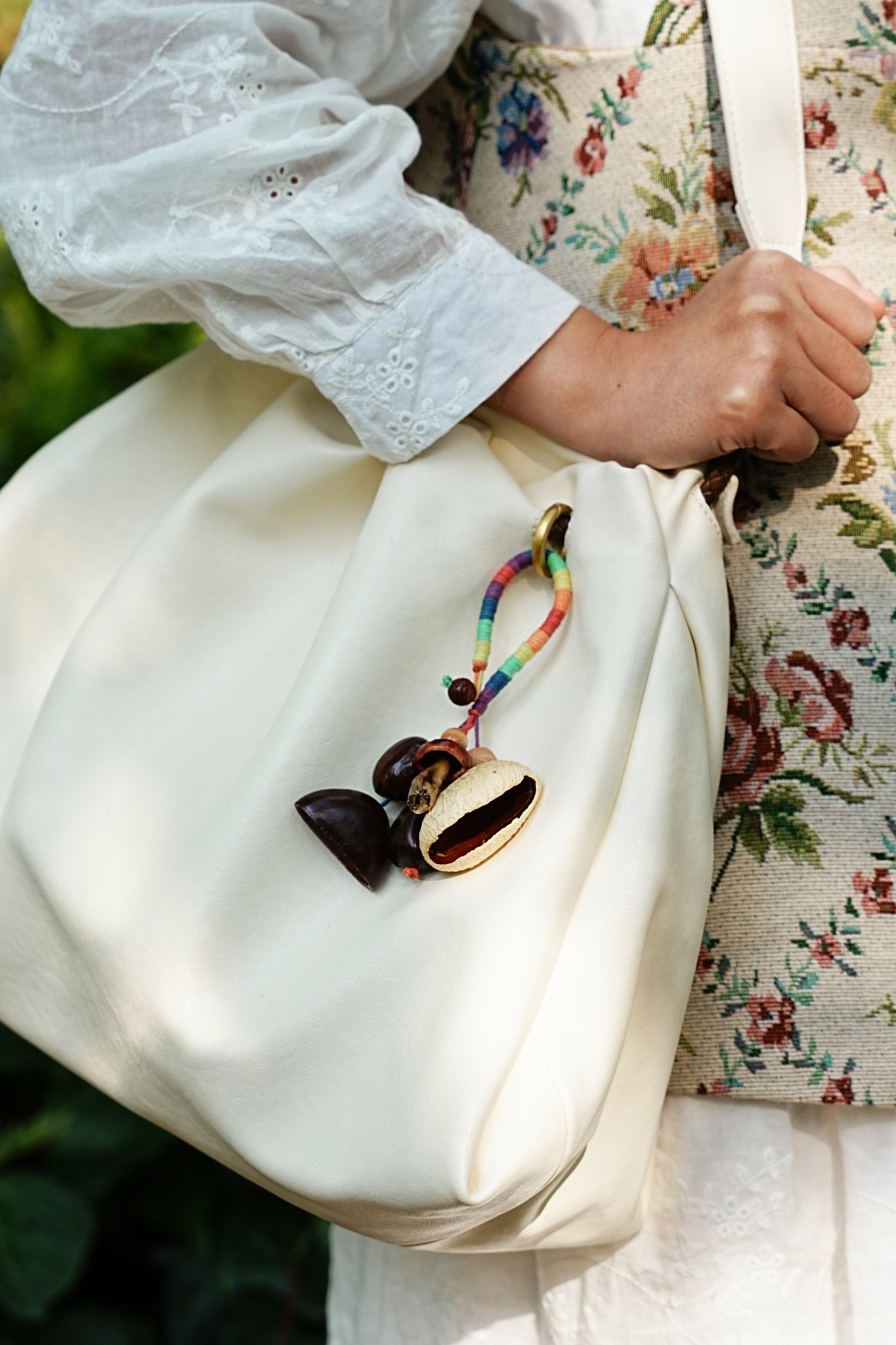 "The Rainbow Forager" - Rainbow Yarn Loop Charm with Natural Mushroom & Seeds - Yunicrafts