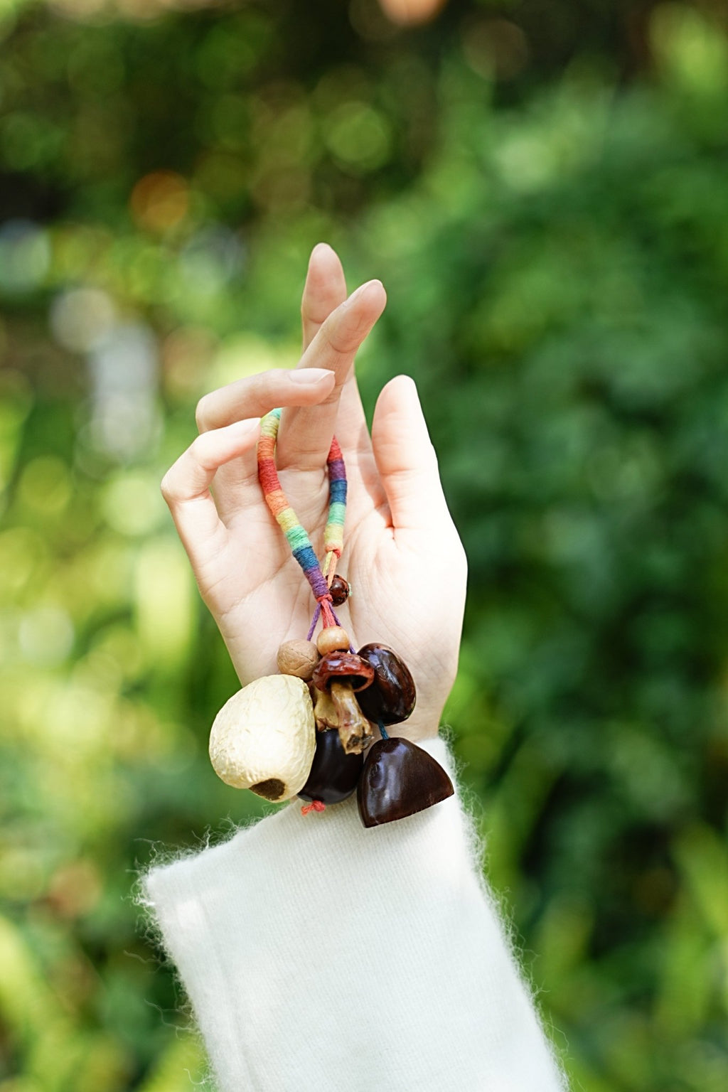 "The Rainbow Forager" - Rainbow Yarn Loop Charm with Natural Mushroom & Seeds - Yunicrafts
