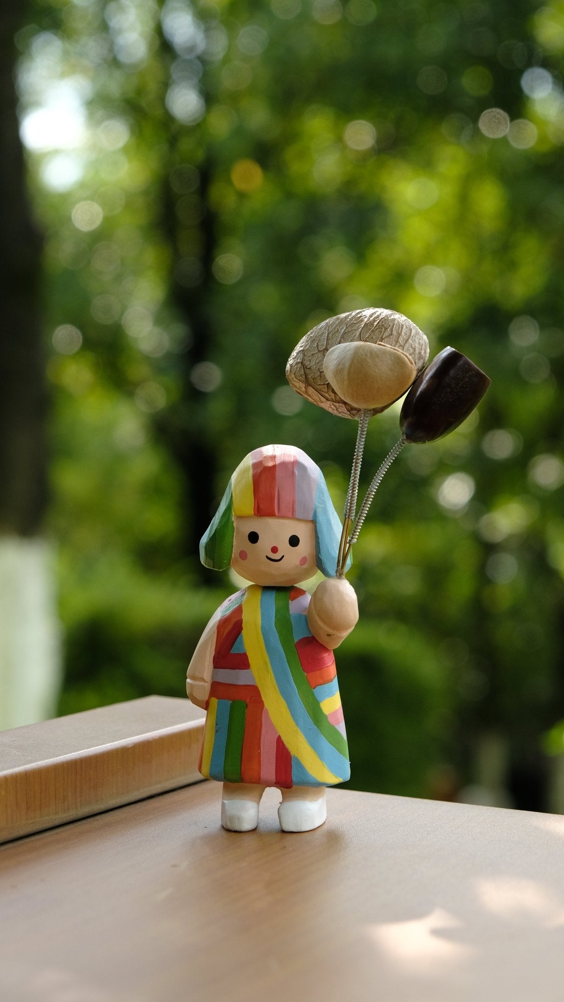 "The Rainbow Girl" - Hand - Carved Wooden Figure with Real Seed Balloons - Yunicrafts