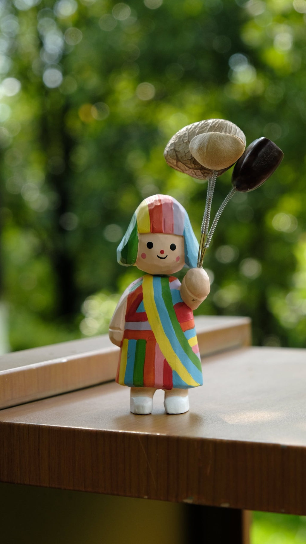 "The Rainbow Girl" - Hand - Carved Wooden Figure with Real Seed Balloons - Yunicrafts