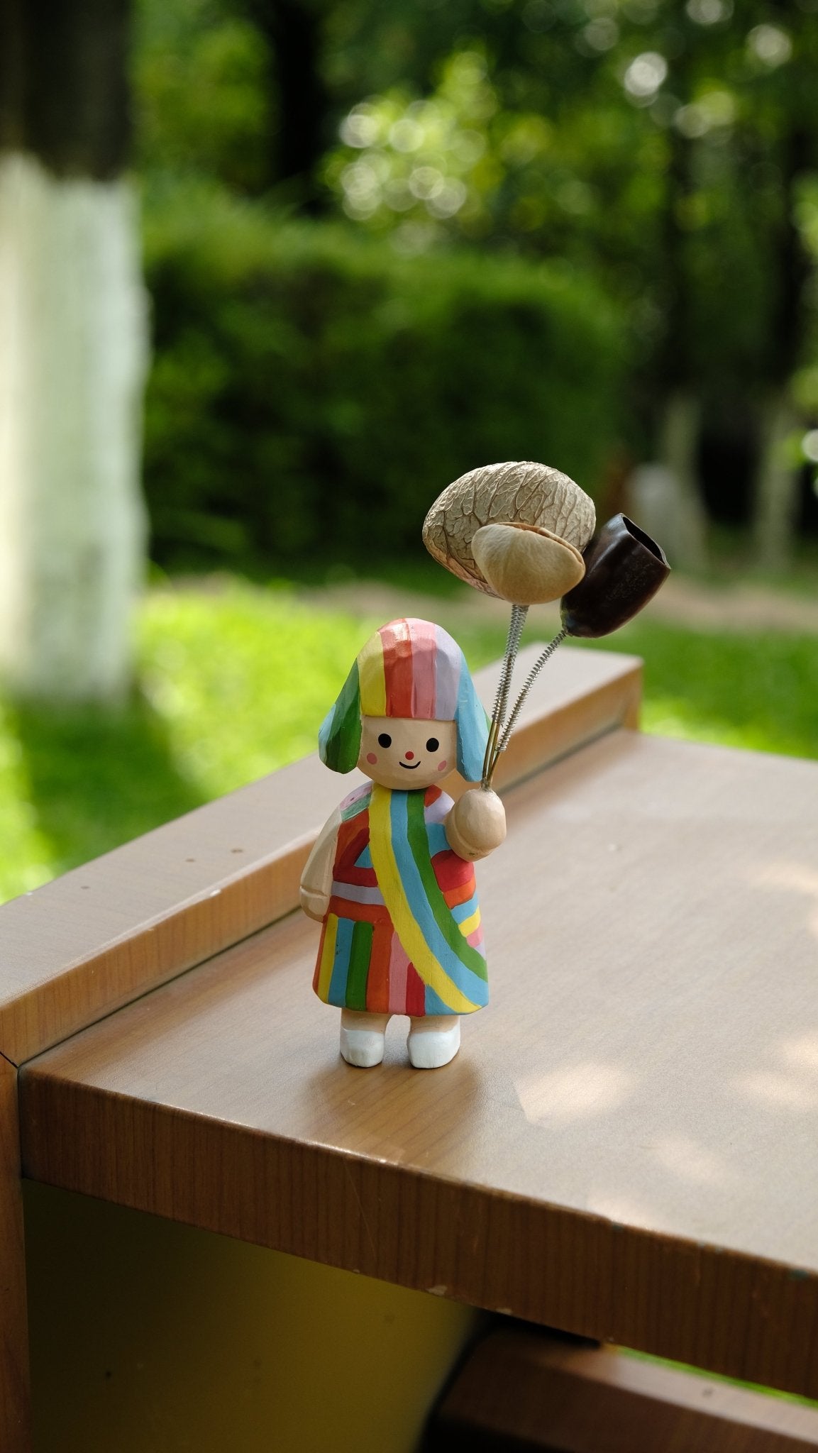 "The Rainbow Girl" - Hand - Carved Wooden Figure with Real Seed Balloons - Yunicrafts