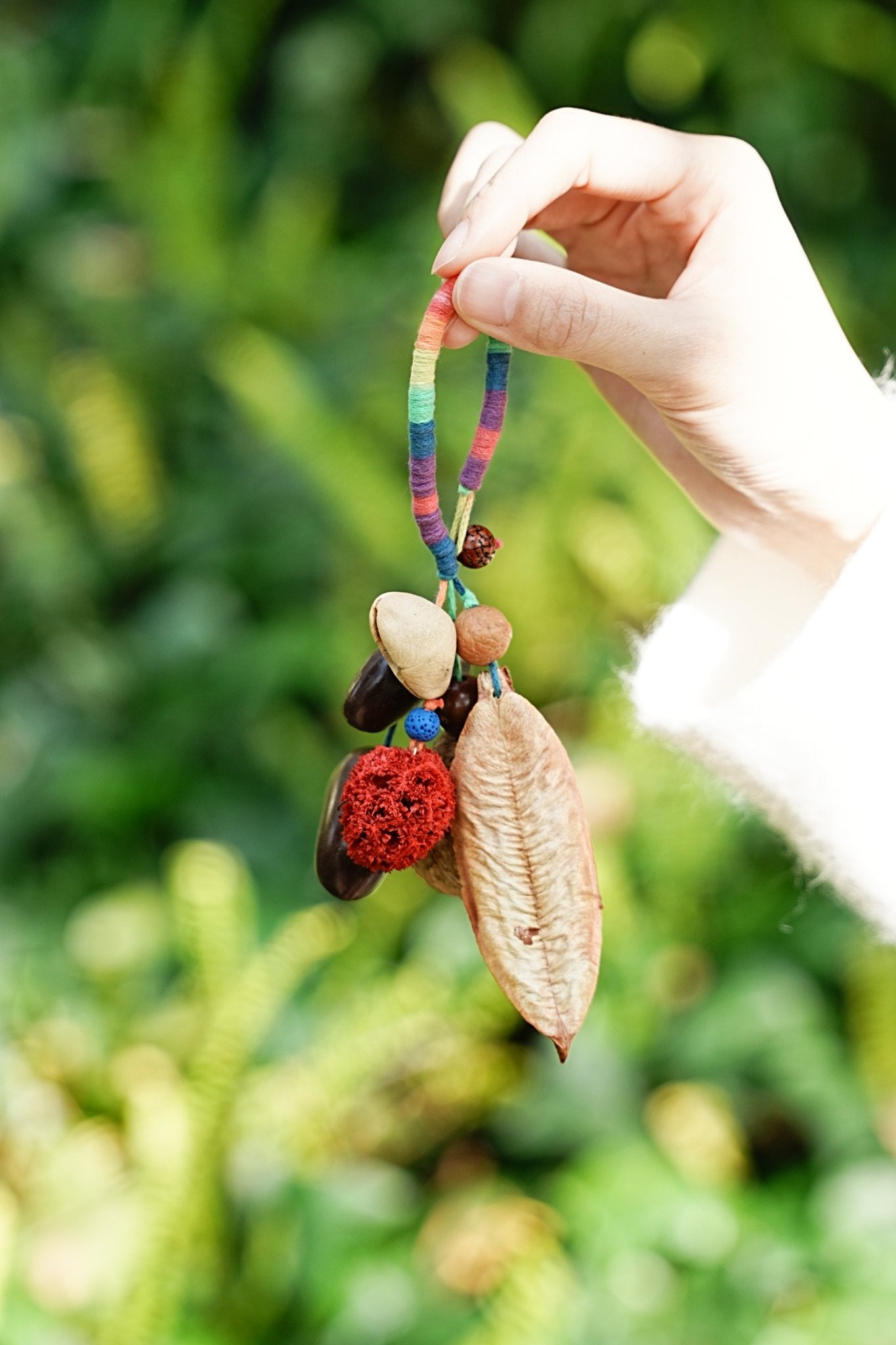 "The Rainbow Seed Charm" - Colorful Wrapped Bag Charm with Real Leaf Pods - Yunicrafts