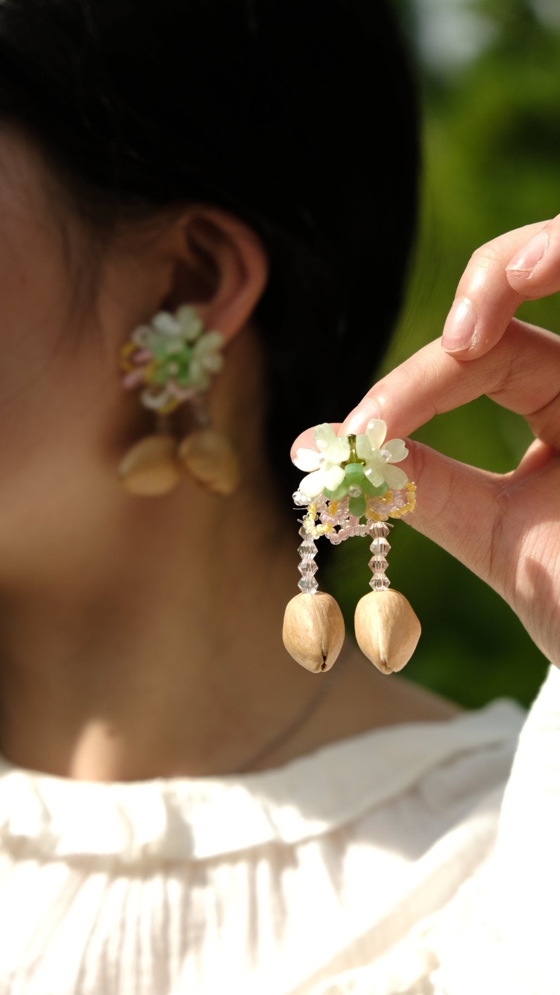 "The Spring Blossom" - Pastel Flower & Natural Seed Dangle Earrings - Yunicrafts