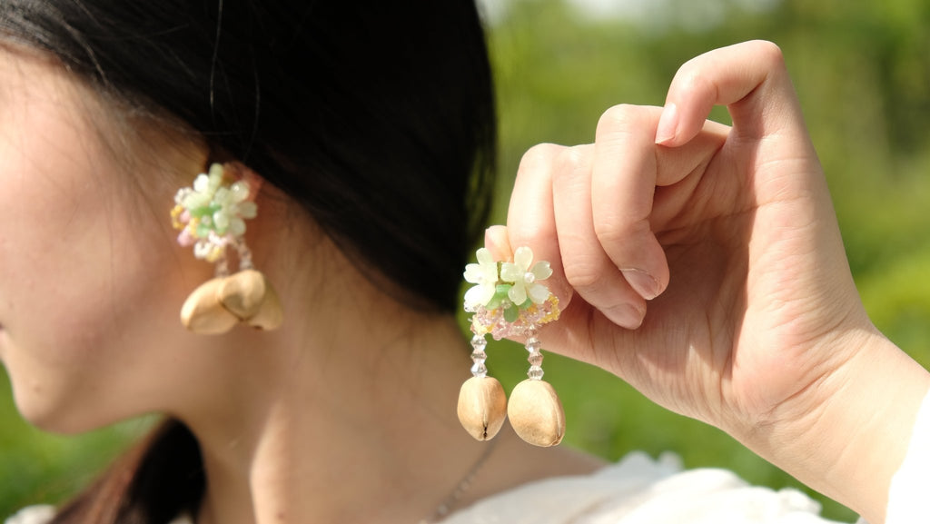 "The Spring Blossom" - Pastel Flower & Natural Seed Dangle Earrings - Yunicrafts