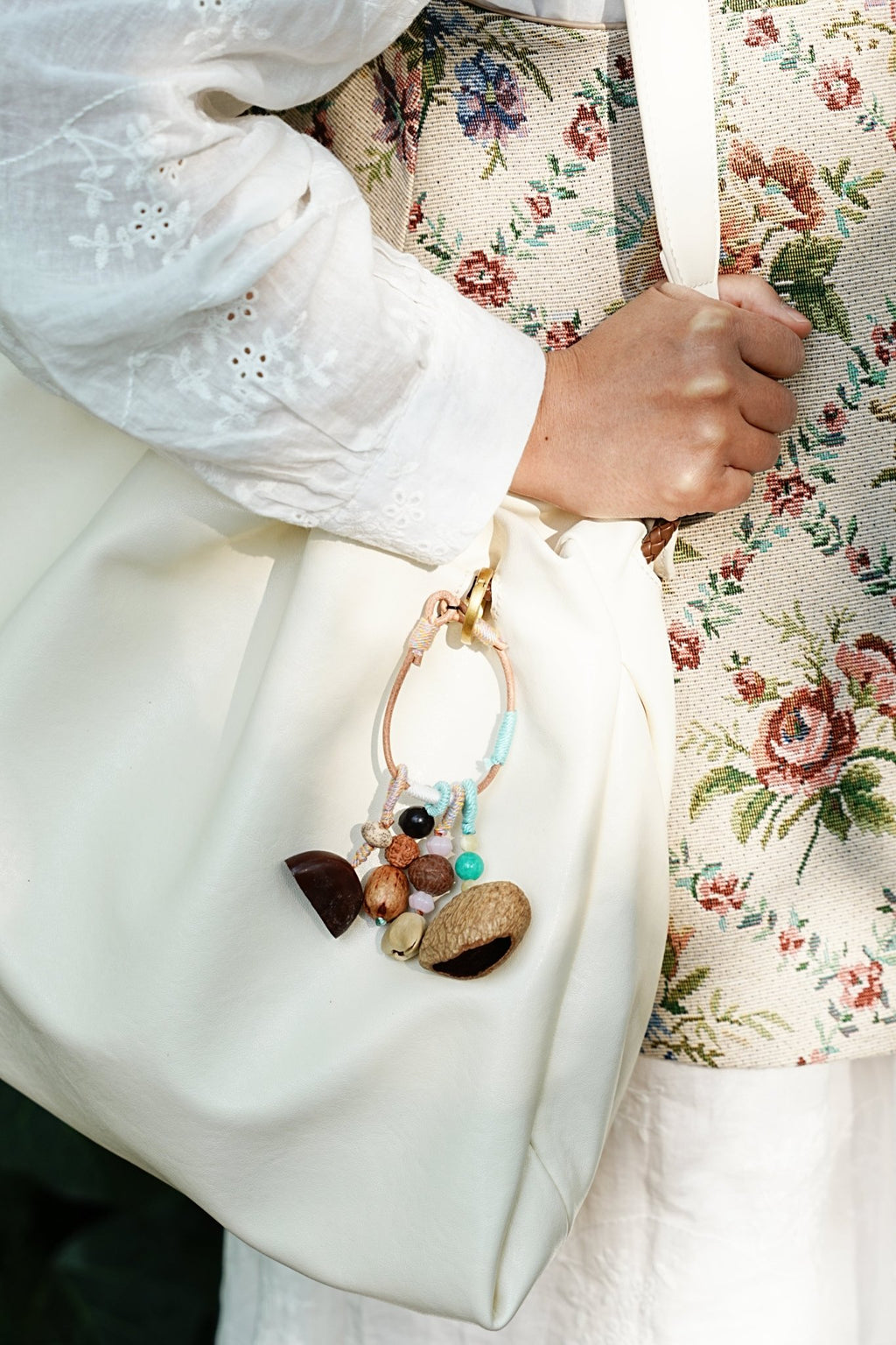 "The Spring Breeze" - Mint Green Wrapped Nut Shell Bag Charm with Turquoise Beads - Yunicrafts