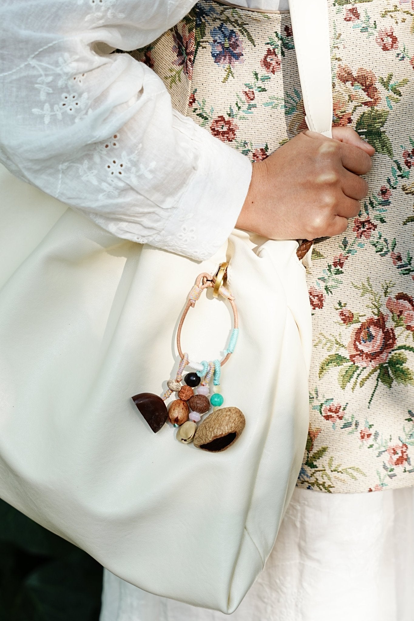 "The Spring Breeze" - Mint Green Wrapped Nut Shell Bag Charm with Turquoise Beads - Yunicrafts