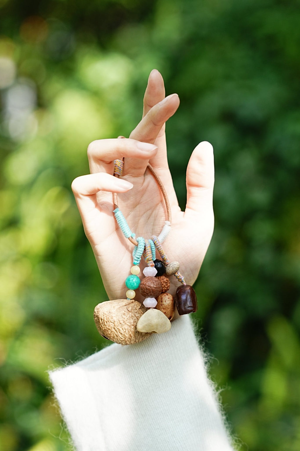 "The Spring Breeze" - Mint Green Wrapped Nut Shell Bag Charm with Turquoise Beads - Yunicrafts
