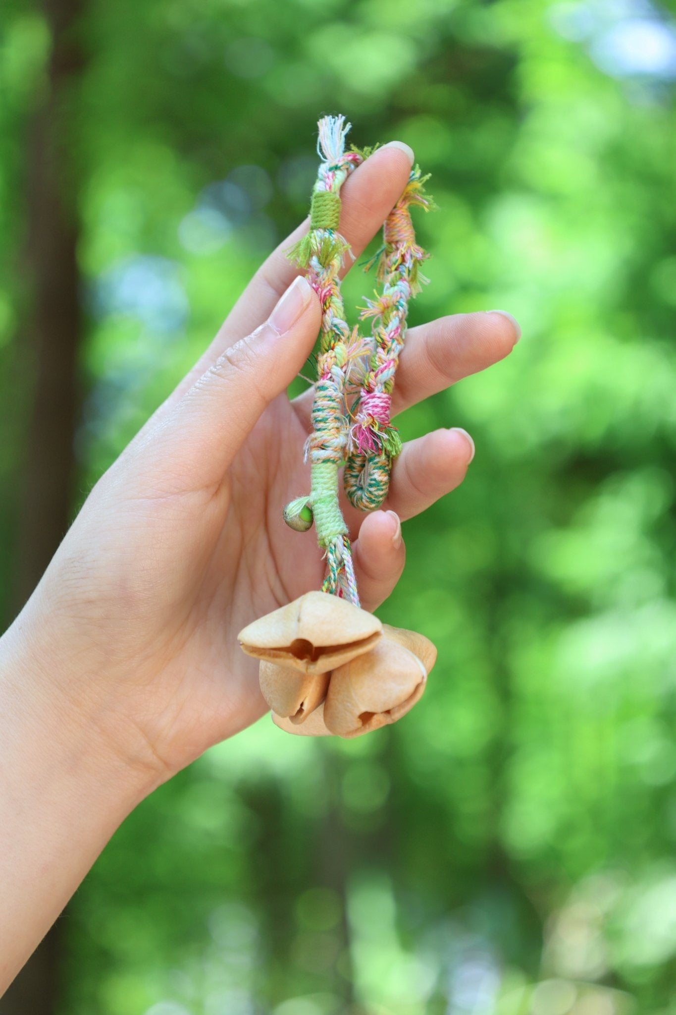 "The Spring Whisper" - Pastel Hand - Woven Bracelet with Nut Shell Bells - Yunicrafts
