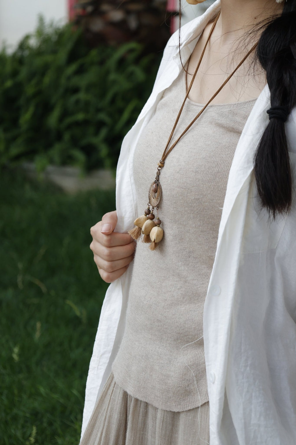 "The Sunset Weaver" - Bronze Woven Mandala Necklace with Natural Seeds & Brown Tassels - Yunicrafts