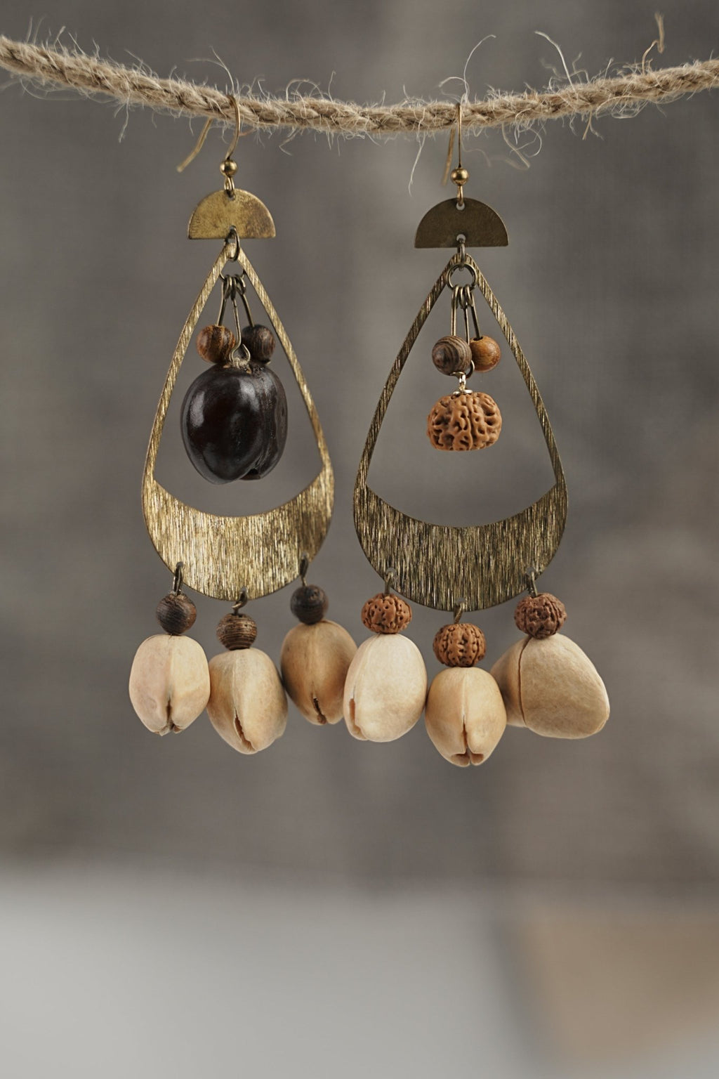 "The Tribal Echo" - Asymmetrical Hammered Bronze & Natural Seed Statement Earrings - Yunicrafts