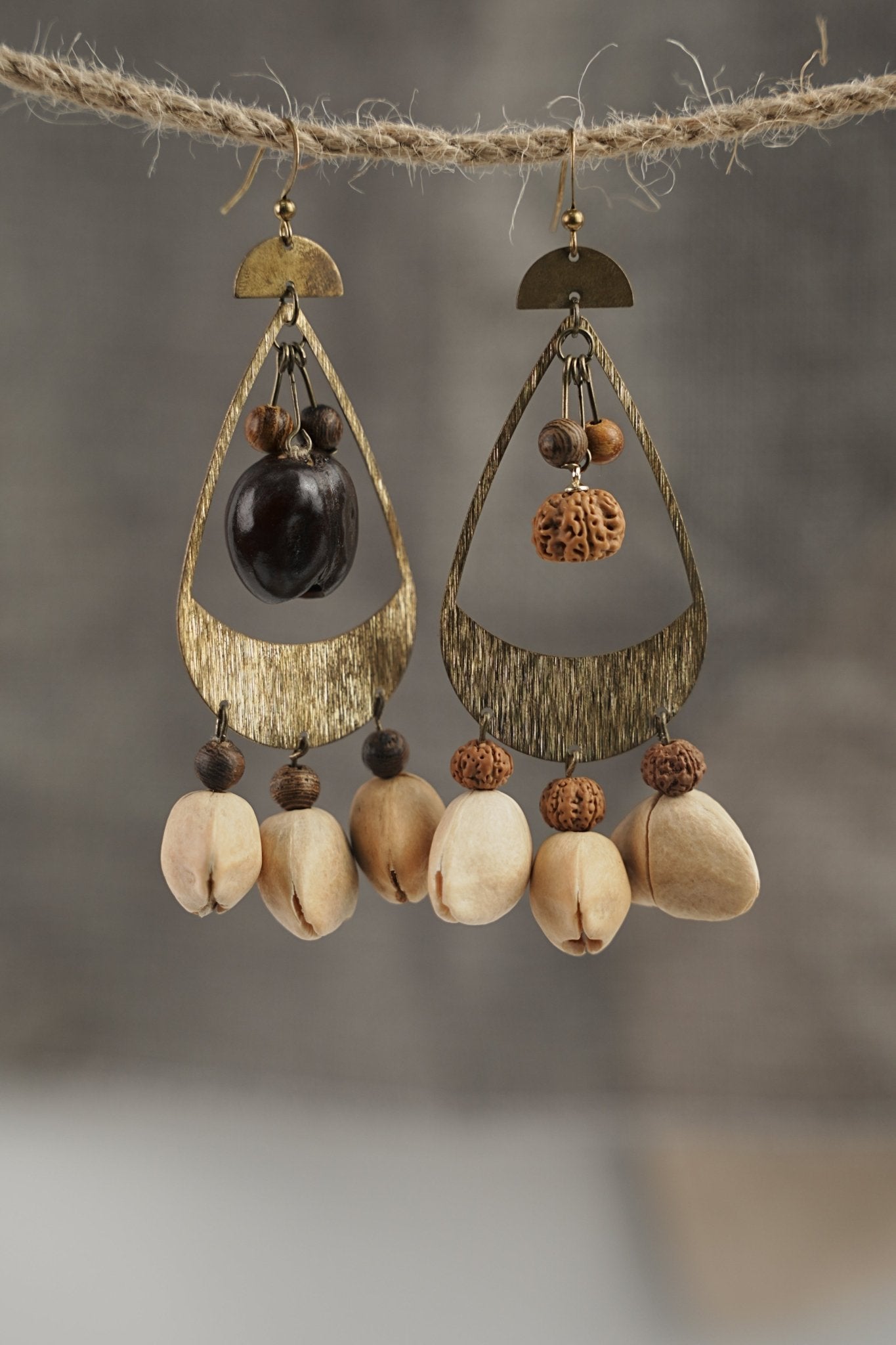 "The Tribal Echo" - Asymmetrical Hammered Bronze & Natural Seed Statement Earrings - Yunicrafts